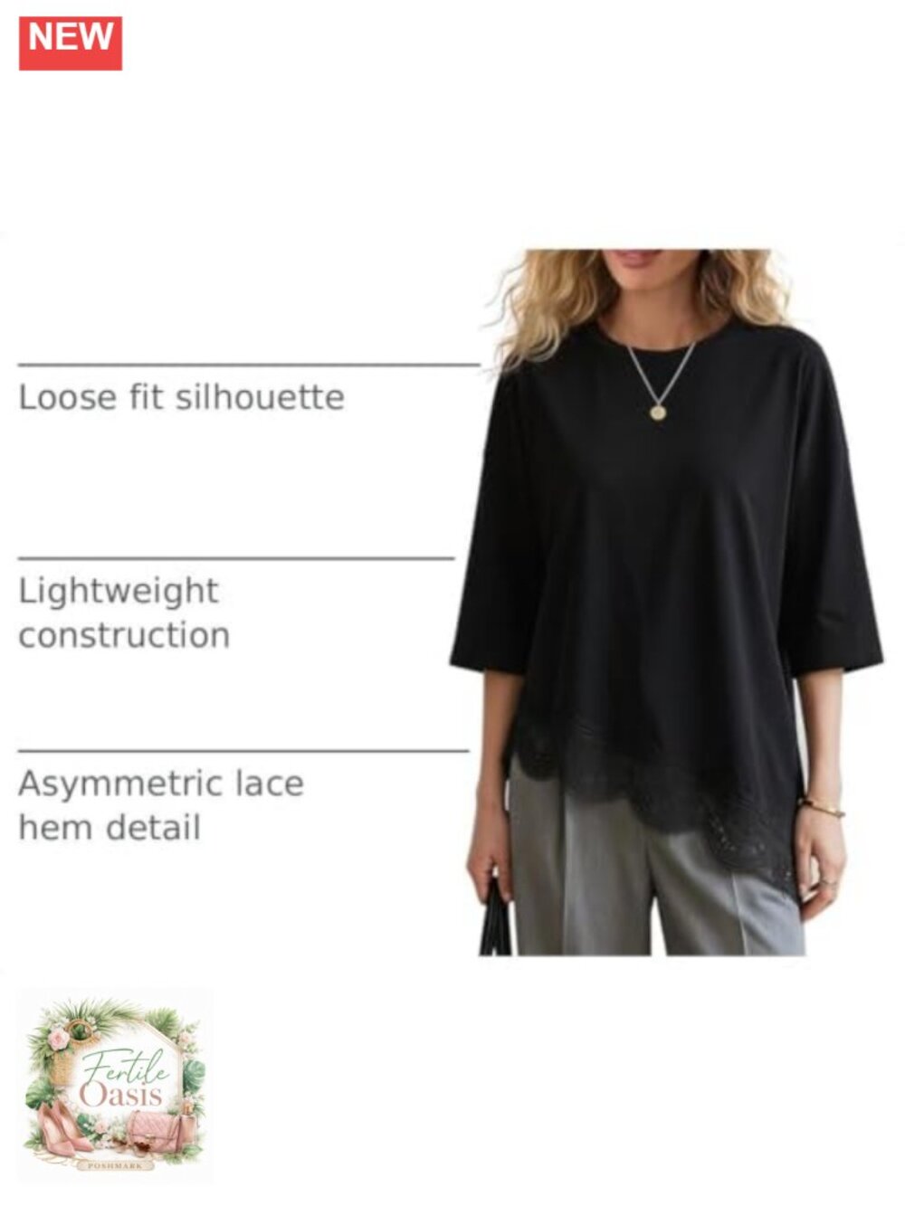 Oversized Lace Trim Tunic Blouse Crew Neck Half Sleeve Cotton Blend - Picture 3 of 6